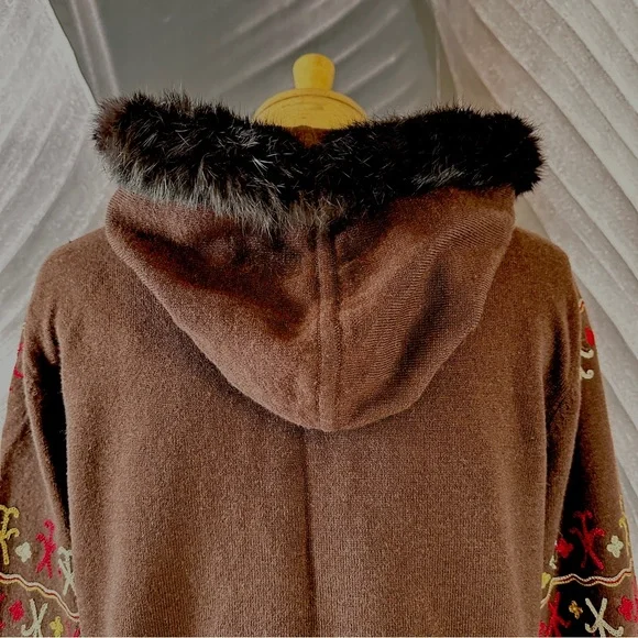 Bohemian Boho L Sweater Cardigan Shacket Merino Wool Rabbit Fut Brown Red Gold - Picture 4 of 16